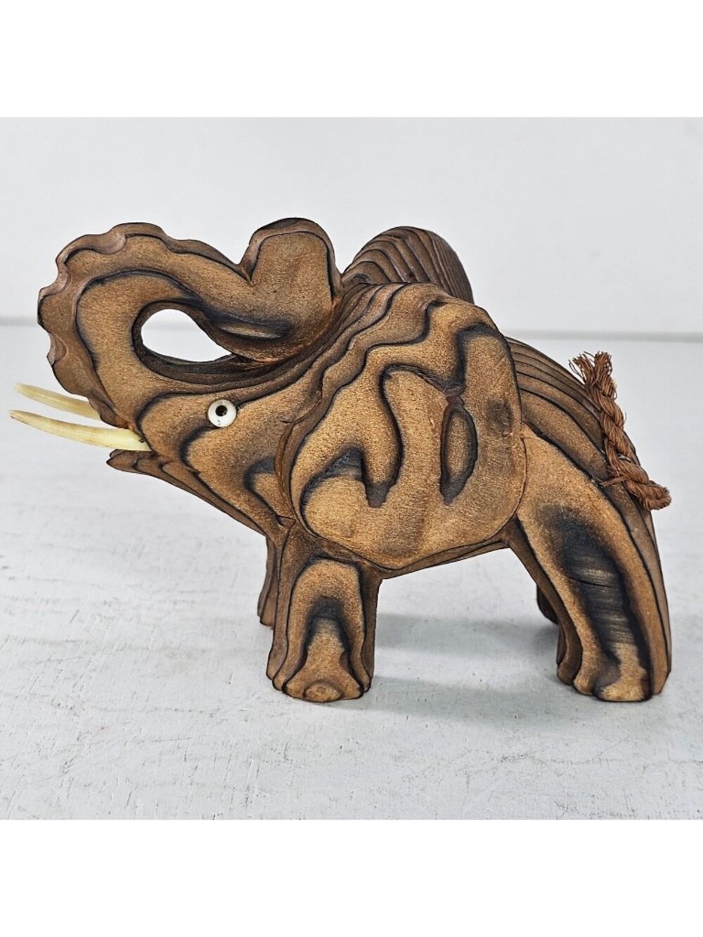 Hand Carved Cryptomeria Wood Elephant Figurine Rustic Decor Accent 3" Tall